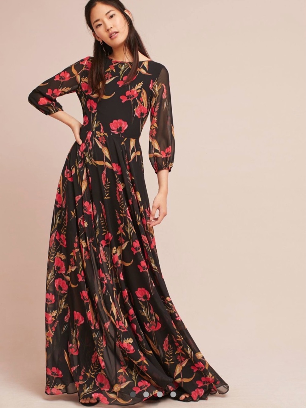 Yumi Kim Black Maxi Dress with Red & Gold Floral Print